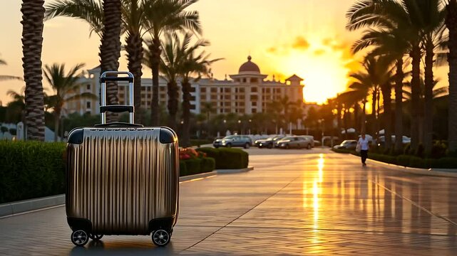 The iconic gleam of a brass luggage caddy is captured in front of a luxury resort hotel, reflecting the warm, amber glow of a summer sunset, framed by towering palm trees and grand