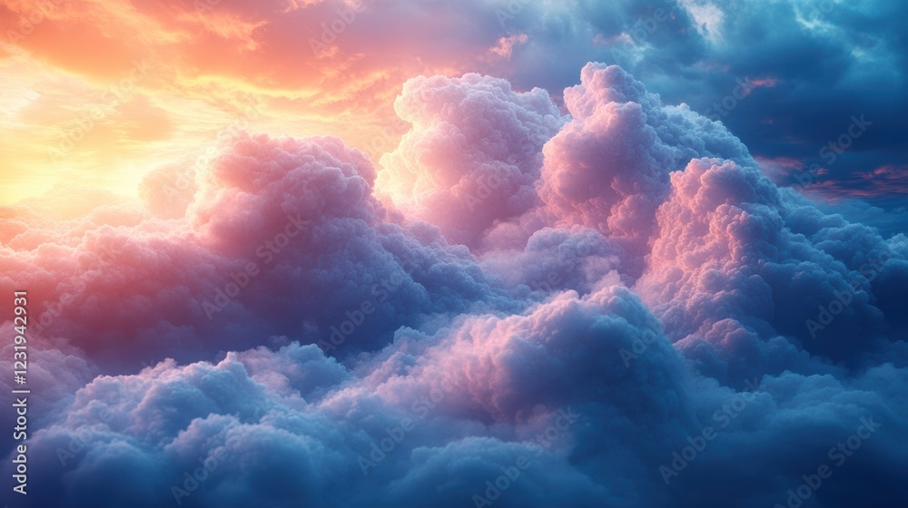 Poster a stunning view of vibrant clouds illuminated by the warm colors of sunset, creating a serene and pi