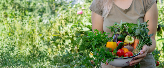 Female farmer holding a bowl of vegetables on a garden background