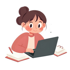animated illustration of a person studying with a laptop and notes, feeling motivated and working hard, isolated on a white background 