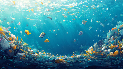 Plastic garbage on ocean water surface. Sea landscape with different trash and wastes floating. Ecology pollution, save nature and environment protection eco concept, Cartoon vector illustration