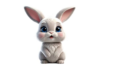Adorable 3D rendered baby bunny rabbit sitting,  big blue eyes, fluffy white fur, isolated on white background. Perfect for children's books, Easter, or any cute project.
