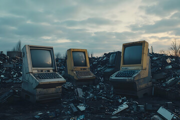 Old computers in e-waste pile, sunset