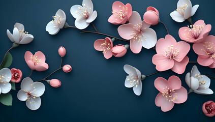 3D floral peach blossom with pink and white flowers on dark blue background, wall mural painting 