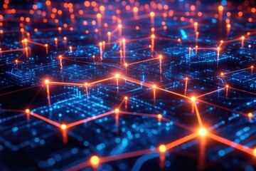 Abstract IoT network with glowing nodes forming a web of interconnected devices.