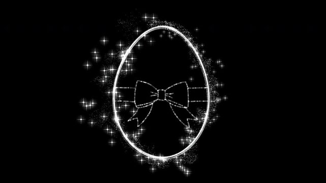 Set of 2 abstract animated easter eggs with twirling glitter and silver colored particles, version with and without ribbon bow included, overlay, background, transparent background with alpha channel