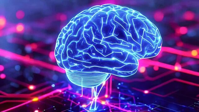Futuristic glowing brain on circuit board with digital connections