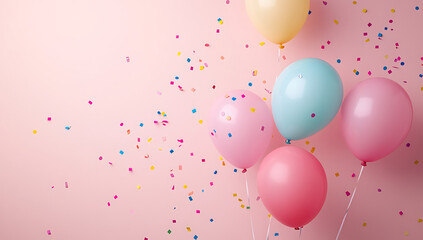 Pastel pink background with colorful balloons and confetti, creating a festive birthday celebration atmosphere.