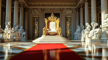 With intricate carvings of mythical creatures and gold filigree, a grand king's throne takes center stage in an opulent hall, surrounded by marble statues and a red carpet leading - Powered by Adobe