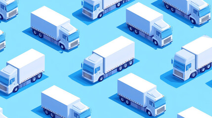 Obraz premium Seamless pattern with isometric trucks on blue background. Delivery trailers, cargo transportation vehicles with containers for freight logistics and shipment, Vector illustration in line art style