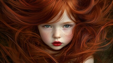 Captivating Portrait of a Red-haired Girl with Freckles and Long Hair
