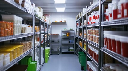 Organized food storage room, shelves full of containers, efficient pantry, commercial kitchen background, restaurant supply image