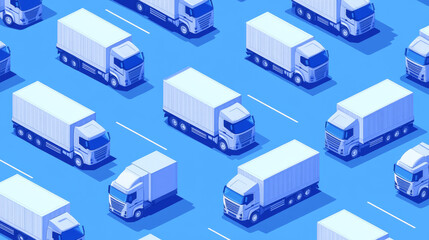 Seamless pattern with isometric trucks on blue background. Delivery trailers, cargo transportation vehicles with containers for freight logistics and shipment, Vector illustration in line art style