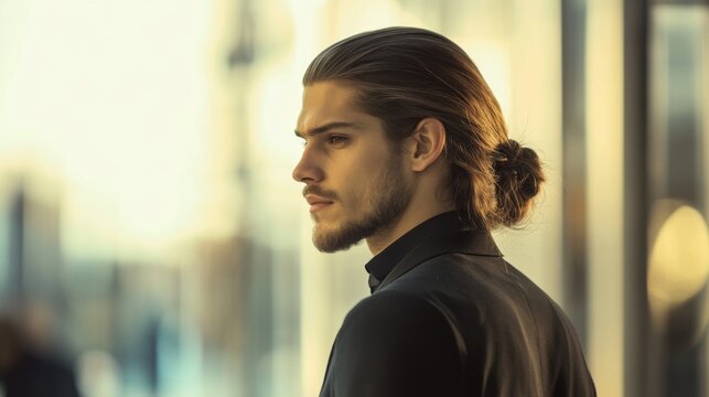 A man with long, straight hair tied into a sleek ponytail, standing confidently in a professional or business environment.