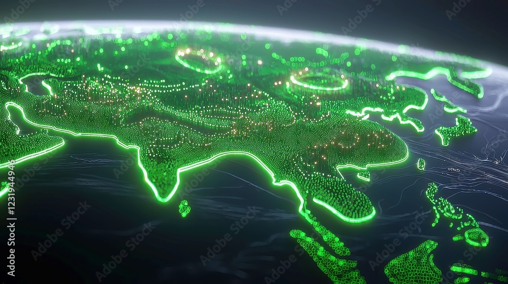 Poster futuristic global ai network map, illustrating the intricate web of interconnected artificial intell