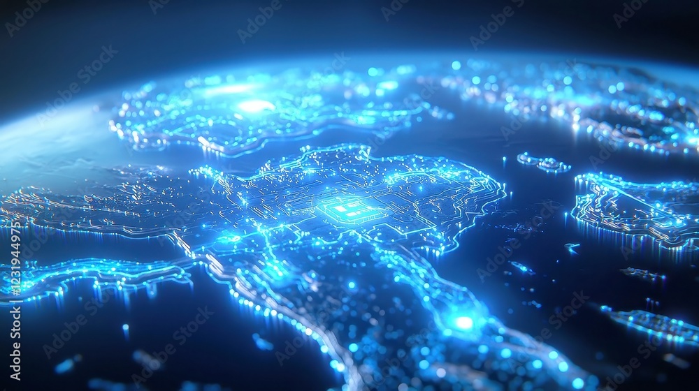 Poster futuristic world map of ai networks, illustrating global connections, vibrant nodes representing art