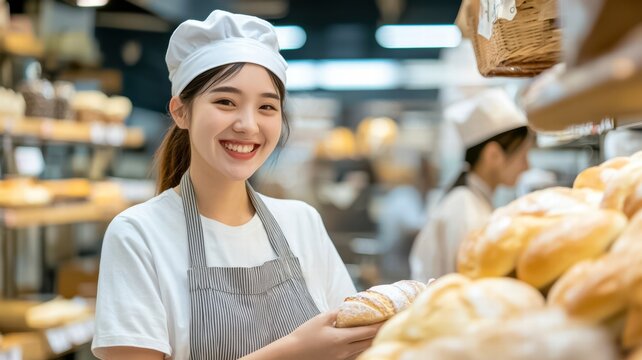 A smiling woman baker stands in a bakery, holding fresh bread, surrounded by shelves stocked with various baked goods. - Powered by Adobe