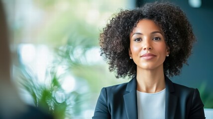 A confident business woman with curly hair sits in a professional setting, engaging in conversation, exuding poise and determination.