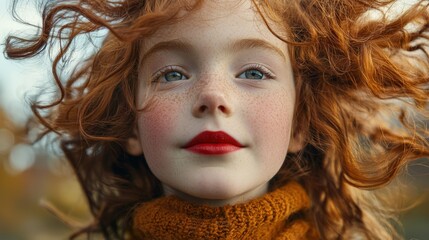 Joyful Redhead Girl with Freckles and Bright Red Lipstick Outdoors
