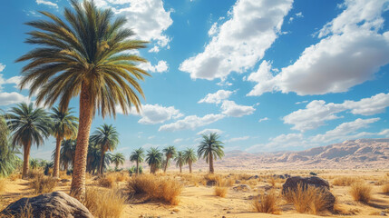 Desert oasis and palm tree landscape background. Rock boulder terrain in sahara with water mirage. African journey panorama with tropical plant and drought land panoramic journey illustration
