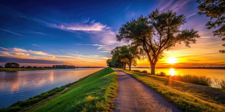 Silhouetted levees frame a vibrant Missouri River sunset.