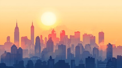 Fototapeta premium A powerful image of a city skyline shrouded in smog and pollution, with the sun barely visible, illustrating the effects of greenhouse gas emissions on urban environments