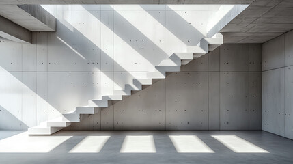Abstract white concrete interior with stairs and sunlight. Minimalism. 