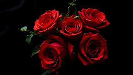 A bold, dramatic arrangement of rich red roses, their petals perfectly layered, surrounded by sprigs of lush greenery, all set against a soft, black velvet backdrop