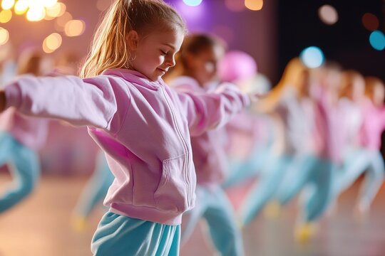 Young dancers in vibrant costumes engage in jazz practice, showcasing mid-motion movements with studio lights and playful props enhancing the lively atmosphere - Powered by Adobe