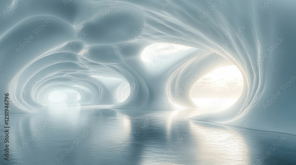 Aufkleber A surreal, ethereal interior space with flowing, unique shapes and soft lighting, creating a tranquil atmosphere by the shimmering water surface.