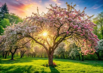 Obraz premium Spring's embrace: Wild apple blossoms paint a panoramic forest scene, vibrant green leaves flourishing.