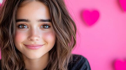 Smiling girl portrait, pink hearts background, Valentine's Day