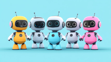 Fototapeta premium Cute ai robot evolution mascot cartoon vector set. Digital modern computer bot design icon isolated. Artificial intelligence mechanical companion friend for communication and education in internet.