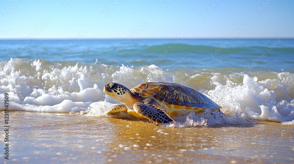 Poster a sea turtle emerging from the ocean and making its way onto a sandy beach, with a backdrop of gentl