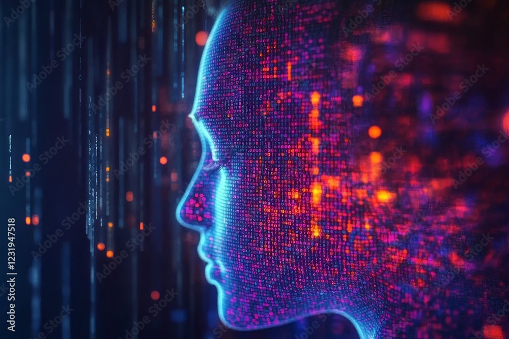 Poster ai, machine learning, neural network visualization - digital face representation. 3d render.