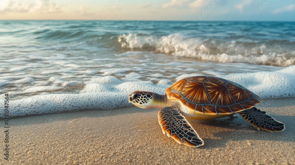 Poster a sea turtle emerging from the ocean and making its way onto a sandy beach, with a backdrop of gentl