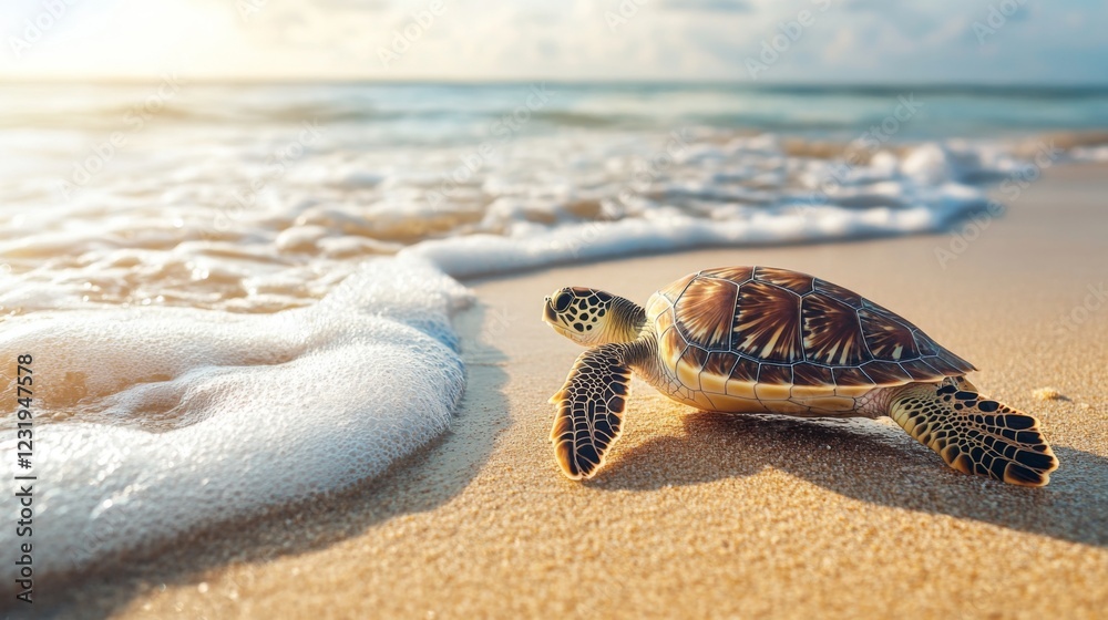 Poster a sea turtle emerging from the ocean and making its way onto a sandy beach, with a backdrop of gentl