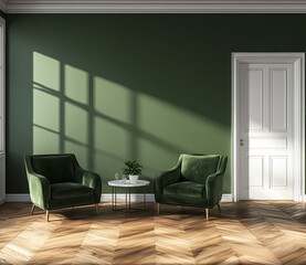 Dark green solid-color wall background, with two emerald armchairs and a coffee table in front of it. The room has wooden parquet flooring, a white door on the right side, a white ceiling, and 