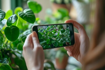 Close-up view hands using mobile phone taking a photo her houseplant as hobby