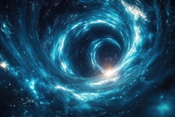 Abstract representation of a wormhole warping space, creating a tunnel of swirling, luminous energy.