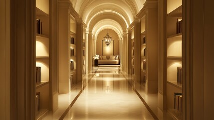 A serene hallway lined with bookshelves, soft lighting, and a comfortable reading nook at the end, creating an inviting space for relaxation and leisure