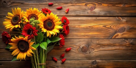 Rustic Wooden Background Featuring a Vibrant Bouquet of Sunflowers and Red Flowers