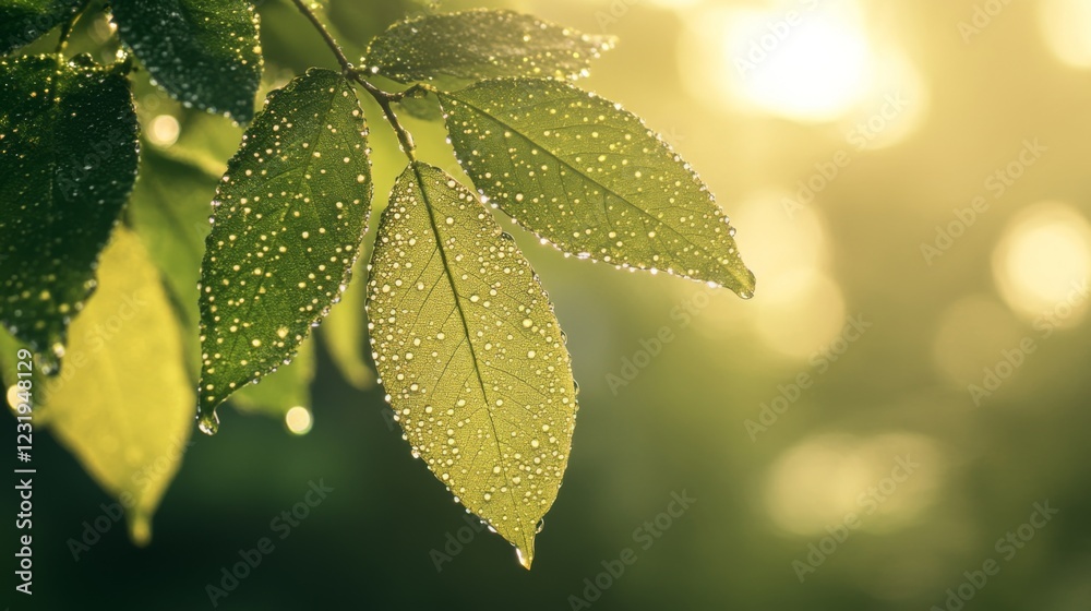 Poster a serene image of a dewy leaf on a misty morning, with the droplets reflecting soft, diffused light 