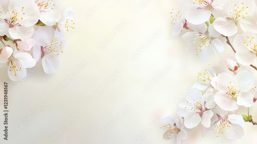 Poster beautiful white spring flowers create a delicate frame on a soft, creamy background, offering ample 