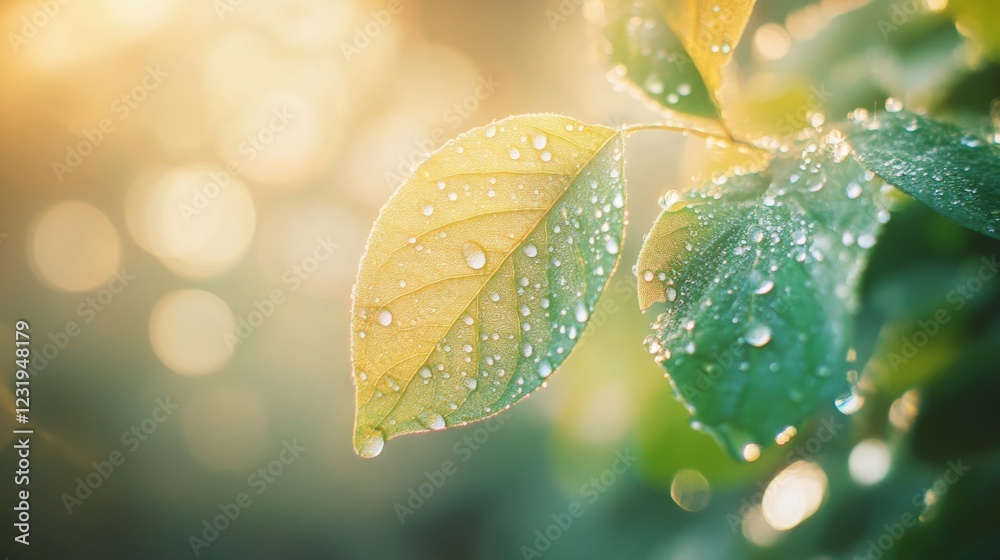 Poster a serene image of a dewy leaf on a misty morning, with the droplets reflecting soft, diffused light 
