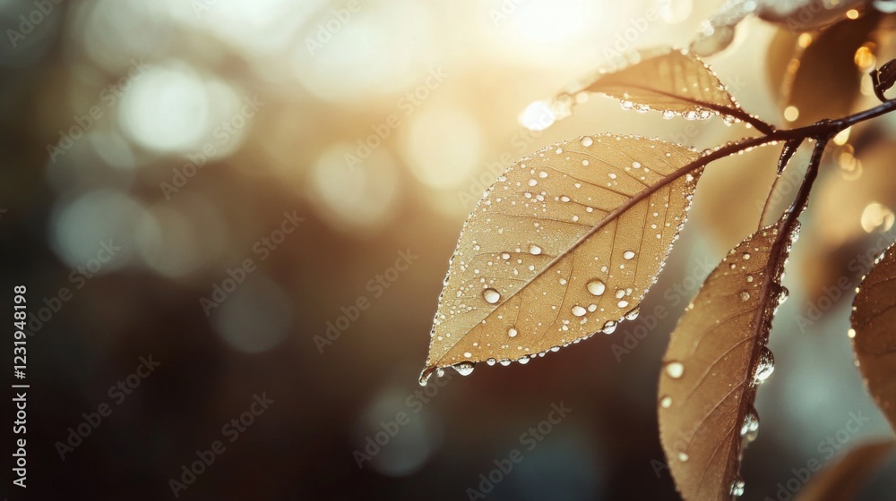 Poster a serene image of a dewy leaf on a misty morning, with the droplets reflecting soft, diffused light 