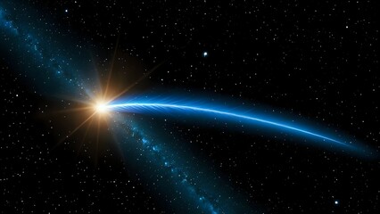 Celestial event, bright star trail across dark space, cosmic dust, galaxy background, vibrant blue light.