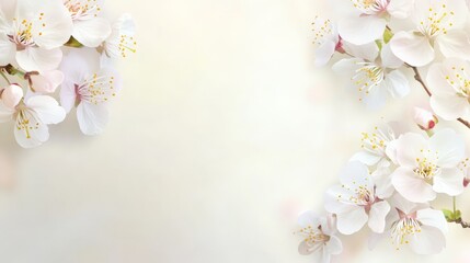 Fototapeta premium Beautiful white spring flowers create a delicate frame on a soft, creamy background, offering ample copy space for text or design elements, evoking a sense of freshness and renewal