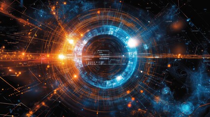 Fototapeta premium Futuristic digital interface, glowing rings, data streams, dark background, technology concept