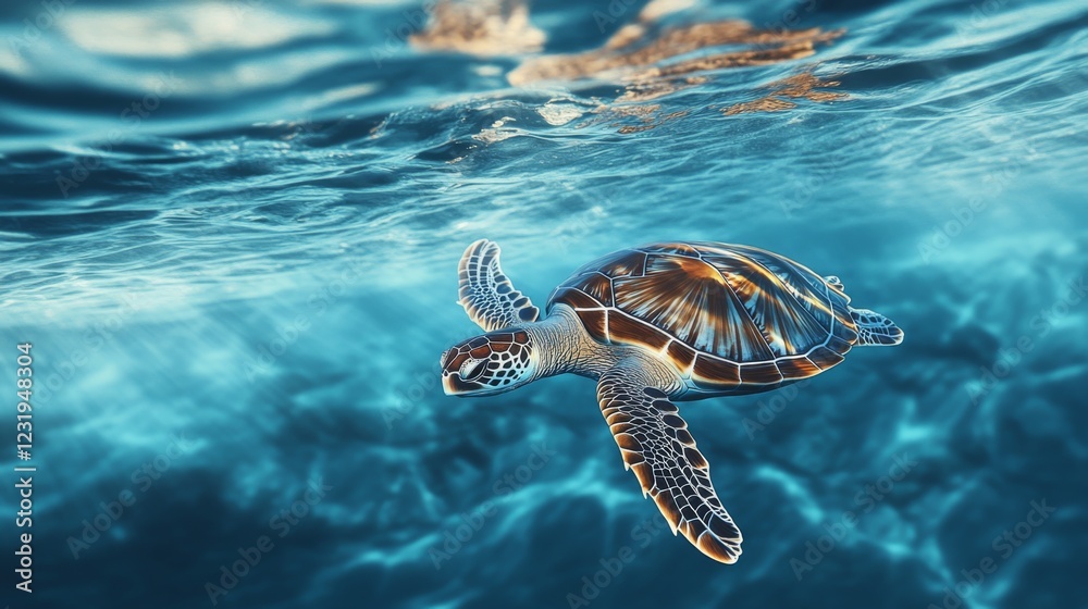 Poster A serene image of a sea turtle floating near the surface of the water, with its flippers extended and the surrounding ocean creating a tranquil atmosphere.